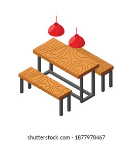 Burger house isometric with restaurant seats vector illustration