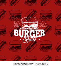 Burger house logo on seamless pattern fast food, vector illustration