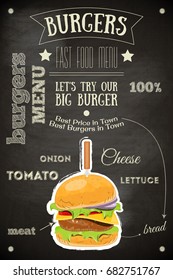 Burger House Menu Poster on Chalkboard. Vector Illustration.
