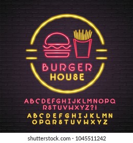 Burger House Neon Light Glowing Vector Illustration Logotype Burger and Fries Symbol. Alphabet Neon Set Bright Yellow and Red Colour