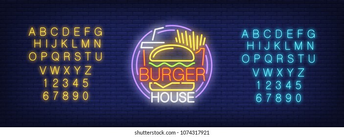 Burger house signage neon sign. Yellow and blue sets of English alphabet and numbers. Neon sign, night bright advertisement, colorful signboard, light banner. Vector illustration in neon style.