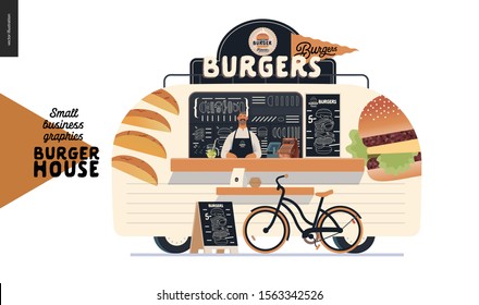 Burger house - small business graphics - food truck - modern flat vector concept illustration of a burgers street food truck van, seller, menu and pavement sign - blackboard with menu, bicycle