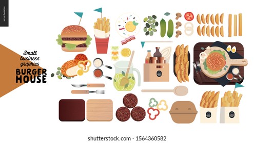 Burger house - small business graphics - menu set -modern flat vector concept illustrations - cheeseburger, French fries, lemonade, condiments, eggs, bacon, cutlery, cutting boards, take out package