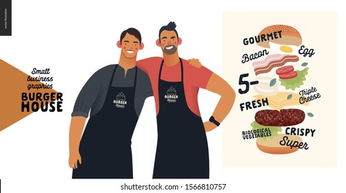 Burger house -small business graphics - owners -modern flat vector concept illustrations -two young men wearing branded aprons standing embraced, cheeseburger exploded view poster