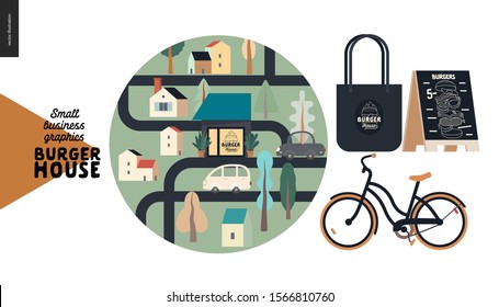 Burger house -small business graphics - location icon and branded elements -modern flat vector concept illustrations -web icon with map, branded tote bag, pavement sign, bicycle