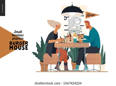 Burger house -small business graphics - visitors -modern flat vector concept illustrations -young couple eating burgers at the table in burger restaurant, interior, cheeseburger exploded view poster