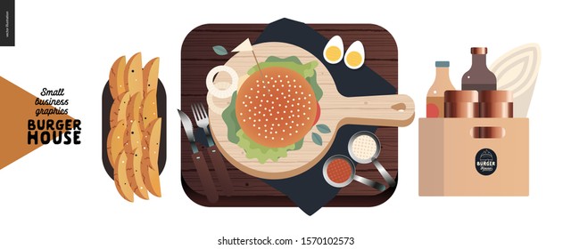 Burger house -small business graphics - restaurant food -modern flat vector concept illustrations -french fries, wooden cutting board, burger, suce, eggs, cutlery, condiments in the box