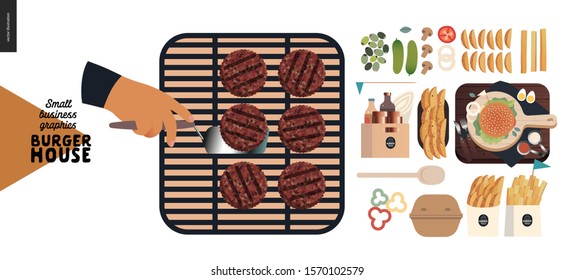 Burger house -small business graphics - process and food-modern flat vector concept illustrations -burgers grill, cheeseburger, French fries, lemonade, condiments, eggs, bacon, cutlery, cutting board