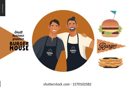 Burger house -small business graphics - about company icon and some food -modern flat vector concept illustrations -web icon with two owners posing together, cheeseburger, french fries, branded flag