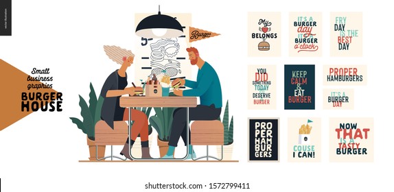 Burger house -small business graphics - visitors -modern flat vector concept illustrations -young couple eating burgers at the table in burger restaurant, interior, set of captions posters