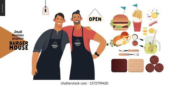 Burger house -small business graphics - owners -modern flat vector concept illustrations -two young men wearing branded aprons standing embraced, cheeseburger and some food