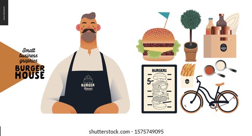 Burger house -small business graphics - owner -modern flat vector concept illustrations of a bearded man wearing apron, cheeseburger exploded view poster, condiments, bicycle, french fries, sauce