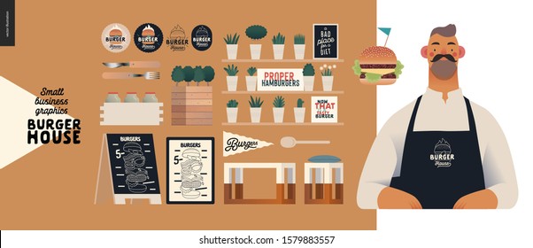 Burger house -small business graphics - owner -modern flat vector concept illustrations of a bearded man wearing apron, cheeseburger exploded view poster, condiments, interior branded elements