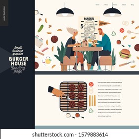 Burger house -small business graphics - landing page design template -modern flat vector concept illustrations -young couple eating burgers at the table in burger restaurant, interior, grilling