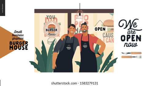 Burger house -small business graphics - owners -modern flat vector concept illustrations -two young men wearing branded aprons standing embraced in front of their restaurant, caption, cutlery