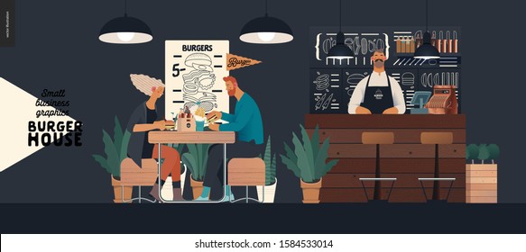 Burger house -small business graphics - visitors and bartender -modern flat vector concept illustrations -young couple eating burgers at the table in burger restaurant, interior, waiter at bar counter