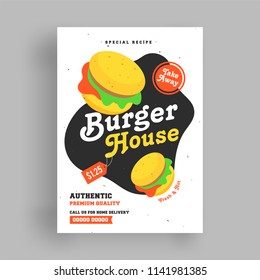 Burger House Template Or Flyer Design With Fast Food Illustration.