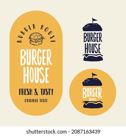 Burger House vector label, sticker or emblem. Burger logo hand drawn illustration.