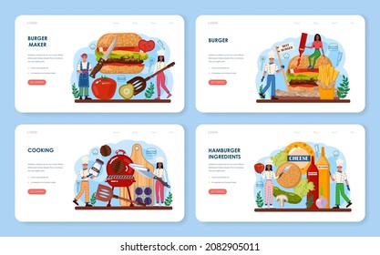 Burger house web banner or landing page set. Chef cook tasty hamburger with cheese, tomato and grilled beef and bun. Fast food restaurant, american street snack. Flat vector illustration
