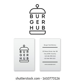 Burger Hub Logo. Burger Restaurant Emblem. Linear Flat Logo. Big Burger And Letters.