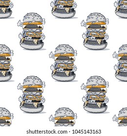 Burger huge seamless pattern. Cartoon style pattern design.