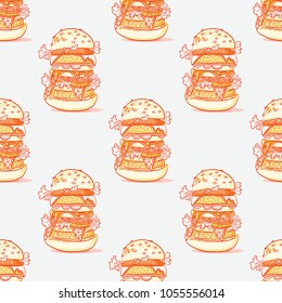 Burger huge seamless pattern. Cartoon style pattern design.