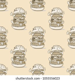 Burger huge seamless pattern. Cartoon style pattern design.