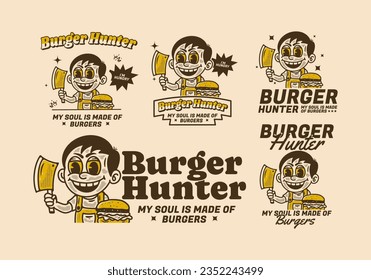 Burger hunter, illustration of a boy holding butcher knife with burger in front of him, design in vintage style