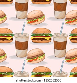 Burger with ice coffee seamless pattern.