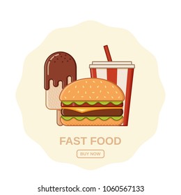 Burger, ice cream and soda. Vector. Fast food outline icons. Junk colorful cooking elements. Template online shopping. Set unhealthy meal in flat line art design. Restaurant, cafe snacks.