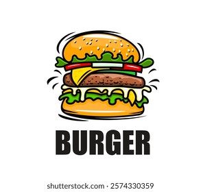 Burger icon for BBQ restaurant or grill bar with cheeseburger or hamburger, vector emblem. Burger icon for fast food menu and barbecue restaurant sign with sesame bun and melting cheese on meat