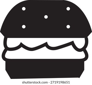 Burger icon in black and white flat design. Minimalist illustration of hamburger representing fast food, restaurant menu, street food, and snack concept.