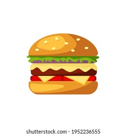 Burger icon with cheese, lettuce, sesame bun, isolated on white background. Hamburger, cheeseburger, fast street food concept. Vector illustration	