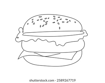 Burger icon with cheese, lettuce, sesame bun, isolated on white background. Hamburger, cheeseburger, fast street food concept. Hand made vector not Al