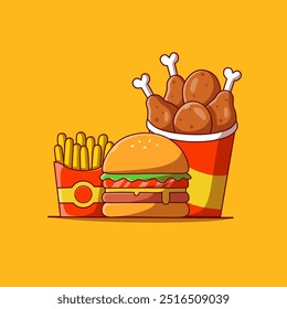 Burger Icon with chicken bucket and French fries Vector Illustration. Hamburger Fast Food Logo. Cafe and Restaurant Menu. Flat Cartoon Style Suitable for Web Landing Page, Banner, Sticker. 