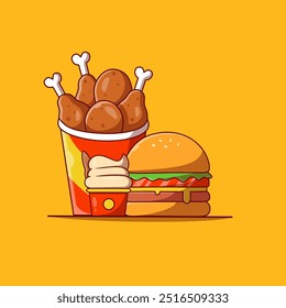 Burger Icon with chicken bucket and ice cream Vector Illustration. Hamburger Fast Food Logo. Cafe and Restaurant Menu. Flat Cartoon Style Suitable for Web Landing Page, Banner, Sticker. 