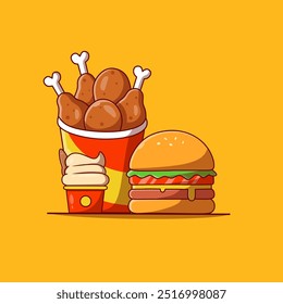 Burger Icon with chicken bucket and Ice cream Vector Illustration. Hamburger Fast Food Logo. Cafe and Restaurant Menu. Flat Cartoon Style Suitable for Web Landing Page, Banner, Flyer, Sticker, Card