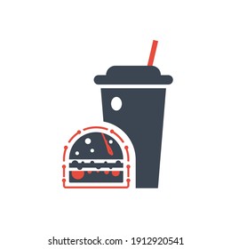 Burger Icon. Chicken burger, burger with cold coffee, burger with cold coffee and french chips icon. flat, vector, color circle, color background, two color, black shape, white vector icon.