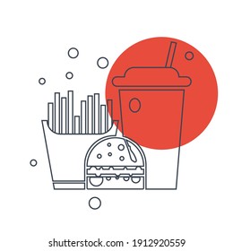Burger Icon. Chicken burger, burger with cold coffee, burger with cold coffee and french chips icon. flat, vector, color circle, color background, two color, black shape, white vector icon.