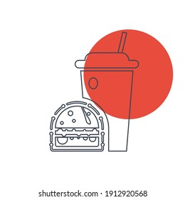Burger Icon. Chicken burger, burger with cold coffee, burger with cold coffee and french chips icon. flat, vector, color circle, color background, two color, black shape, white vector icon.