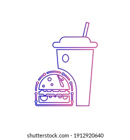 Burger Icon. Chicken burger, burger with cold coffee, burger with cold coffee and french chips icon. flat, vector, color circle, color background, two color, black shape, white vector icon.