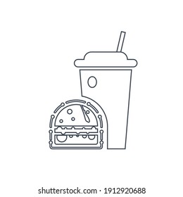 Burger Icon. Chicken burger, burger with cold coffee, burger with cold coffee and french chips icon. flat, vector, color circle, color background, two color, black shape, white vector icon.