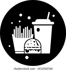 Burger Icon. Chicken burger, burger with cold coffee, burger with cold coffee and french chips icon. flat, vector, color circle, color background, two color, black shape, white vector icon.
