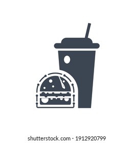 Burger Icon. Chicken burger, burger with cold coffee, burger with cold coffee and french chips icon. flat, vector, color circle, color background, two color, black shape, white vector icon.
