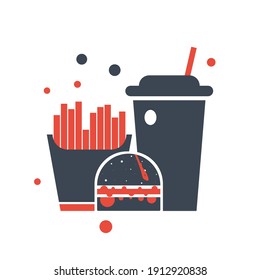 Burger Icon. Chicken burger, burger with cold coffee, burger with cold coffee and french chips icon. flat, vector, color circle, color background, two color, black shape, white vector icon.