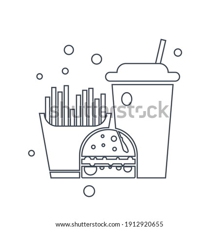 Burger Icon. Chicken burger, burger with cold coffee, burger with cold coffee and french chips icon. flat, vector, color circle, color background, two color, black shape, white vector icon.