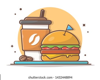 Burger Icon with Coffee and Blue Flag Vector Illustration. Fast Food Logo. Cafe and Restaurant Menu. Flat Cartoon Style Suitable for Web Landing Page,  Banner, Flyer, Sticker, Card, Background