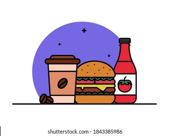 Burger icon with coffee and tomato sauce Vector Illustration. Fast food Logo. Cafe and restaurant menu. Flat cartoon style suitable for web landing page, banner, flyer, sticker, card, background