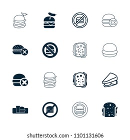 Burger icon. collection of 16 burger filled and outline icons such as no fast food. editable burger icons for web and mobile.