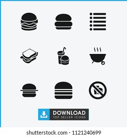 Burger icon. collection of 9 burger filled icons such as sandwich, no fast food, barbeque. editable burger icons for web and mobile.